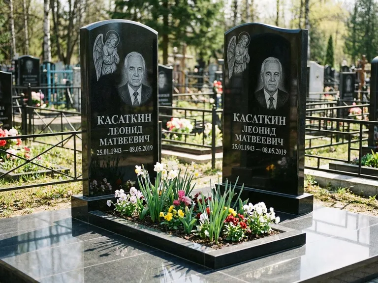Памятник с гравировкой ангела — гравировка молящегося ангела в верхней части стелы, работа «Касаткин» во Владивостоке