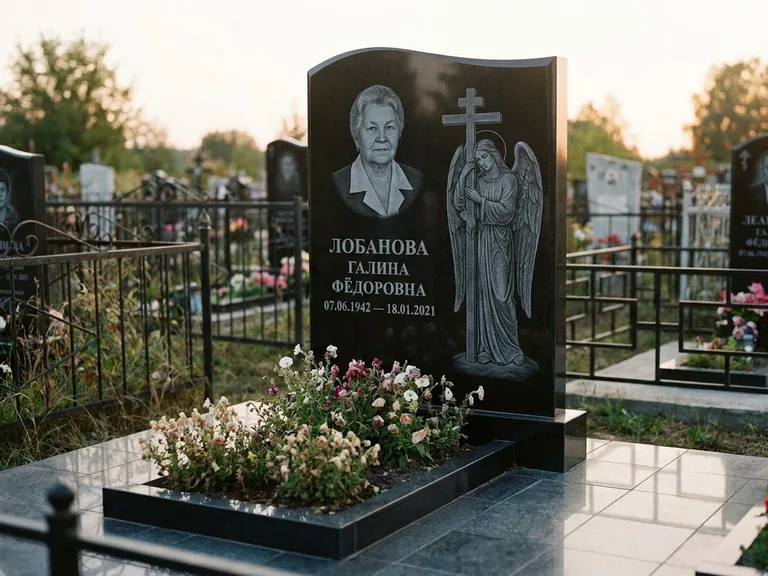 Памятник с гравировкой ангела — гравировка ангела с крестом рядом с эпитафией, работа «Лобанова» во Владивостоке