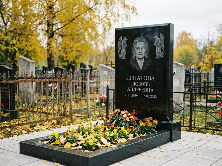 Памятник с гравировкой ангела — гравировка двух ангелов по сторонам портрета, работа «Игнатова» во Владивостоке