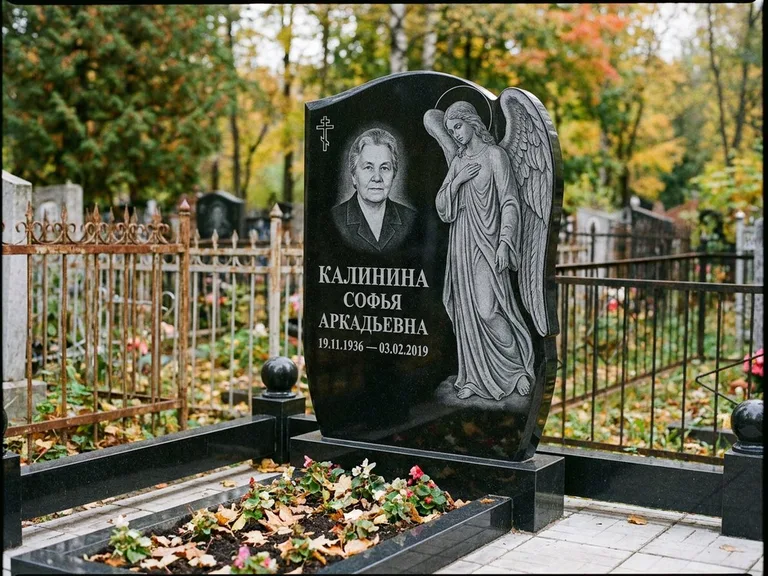 Памятник с гравировкой ангела — гравировка ангела с крестом рядом с эпитафией, работа «Игнатова» во Владивостоке