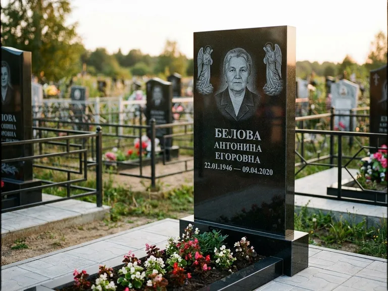 Памятник с гравировкой ангела — белая гравировка скорбящего ангела над портретом, работа «Журавлёва» во Владивостоке
