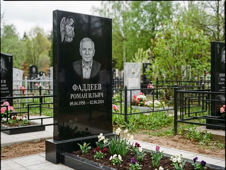 Памятник с гравировкой ангела — гравировка молящегося ангела в верхней части стелы, работа «Фаддеев» во Владивостоке