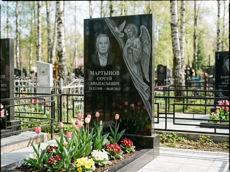 Памятник с гравировкой ангела — гравировка двух ангелов по сторонам портрета, работа «Касаткин» во Владивостоке