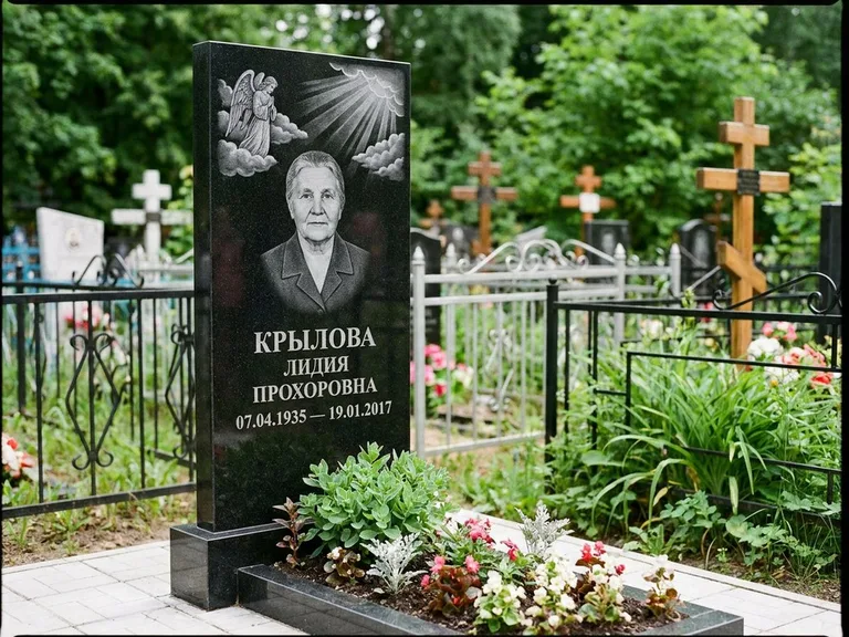 Памятник с гравировкой ангела — гравировка ангела в облаках с лучами над портретом, работа «Лобанова» во Владивостоке