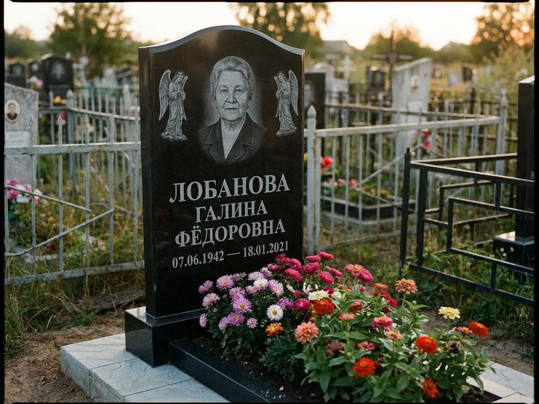 Памятник с гравировкой ангела — гравировка двух ангелов по сторонам портрета, работа «Лобанова» во Владивостоке