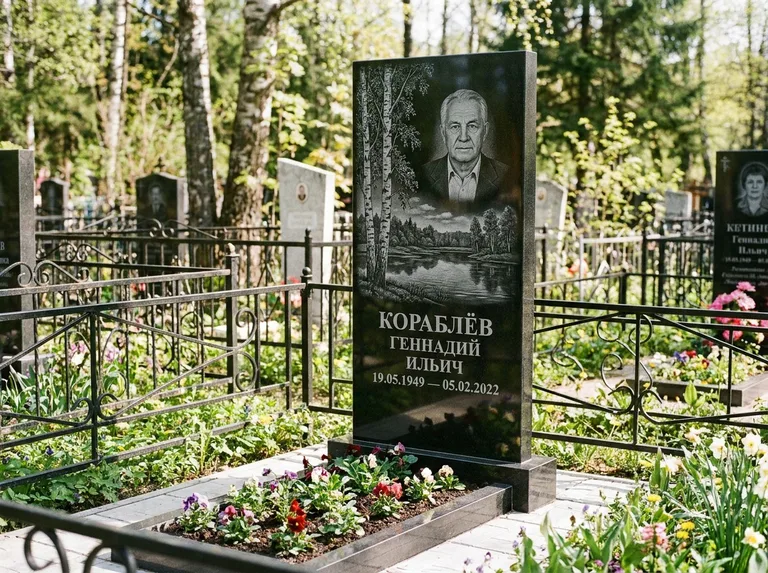 Памятник с гравировкой берёзы — гравировка берёзы у зеркального озера, работа «Кораблёв» во Владивостоке