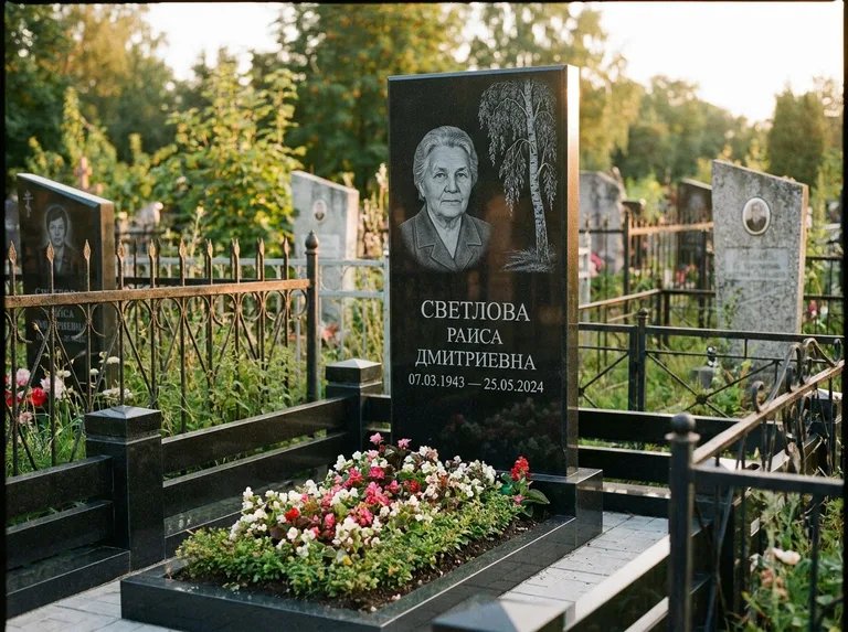 Памятник с гравировкой берёзы — гравировка плакучей берёзы с тонкими ветвями, работа «Светлова» во Владивостоке