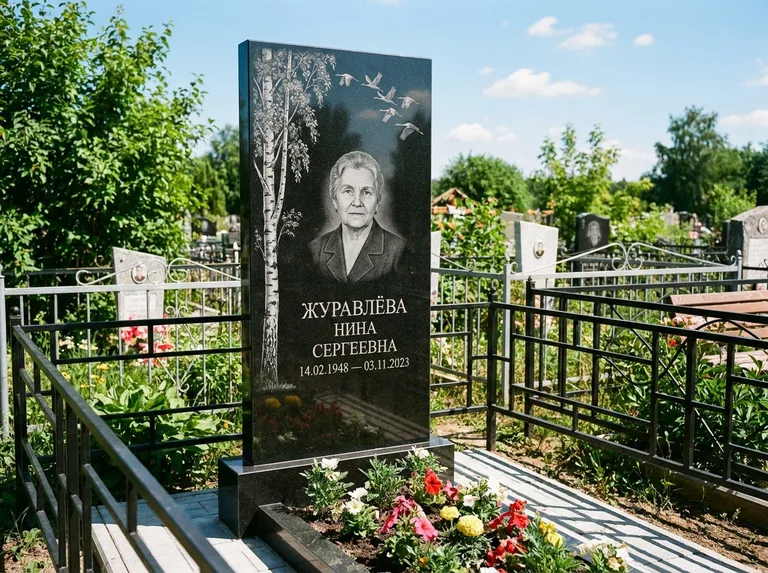 Памятник с гравировкой берёзы — гравировка берёзы с журавлиным клином в небе, работа «Журавлёва» во Владивостоке
