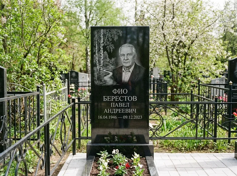Памятник с гравировкой берёзы — гравировка берёзы у тропинки, уходящей вдаль, работа «Берестов» во Владивостоке