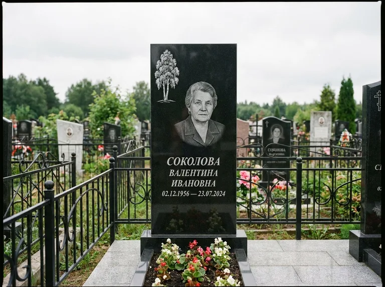 Памятник с гравировкой берёзы — гравировка одинокой берёзы над именем, работа «Соколова» во Владивостоке