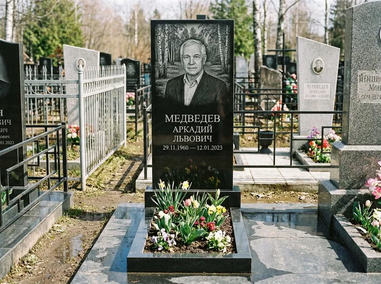 Памятник с гравировкой берёзы — гравировка берёзовой рощи в глубину, работа «Медведев» во Владивостоке