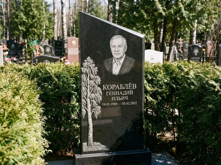 Памятник с гравировкой берёзы: асимметричная скошенная стела — объёмная одинокая берёза с фактурной корой, живая изгородь из туи, работа «Кораблёв» во Владивостоке