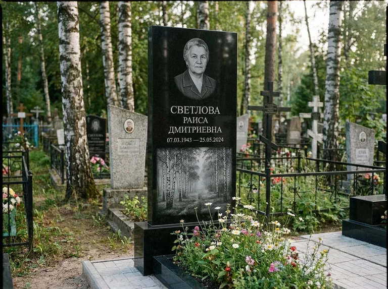 Памятник с гравировкой берёзы: двойная семейная стела — берёзовая роща в лёгкой дымке, цветник с полевыми цветами, работа «Светлова» во Владивостоке