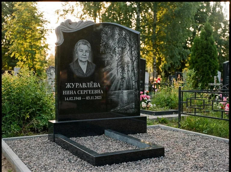 Памятник с гравировкой берёзы: стела с фигурным резным верхом — плакучая берёза в контровом свете, гравийная отсыпка, рассвет, работа «Журавлёва» во Владивостоке