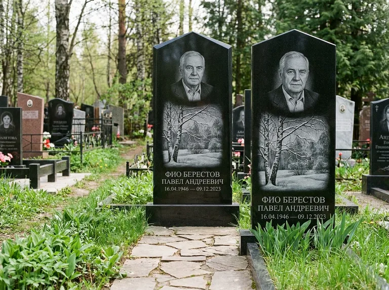 Памятник с гравировкой берёзы: массивная стела с двускатным навершием — зимняя берёза, снег на ветвях, дорожка из природного плитняка, работа «Берестов» во Владивостоке