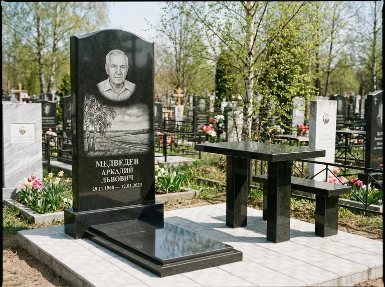 Памятник с гравировкой берёзы: стела с гранитным столиком и скамьёй — берёза у поля, простор до горизонта, семейный участок с плиткой, работа «Медведев» во Владивостоке