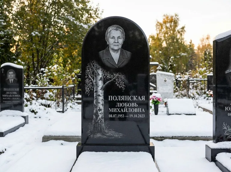 Памятник с гравировкой берёзы: полукруглая стела — объёмная одинокая берёза с фактурной корой, заснеженный зимний участок, работа «Полянская» во Владивостоке