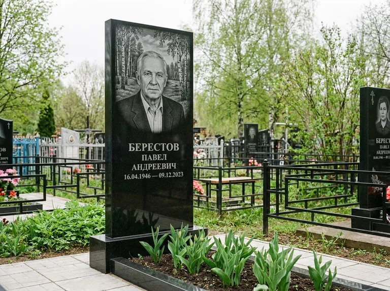 Памятник с гравировкой берёзы — гравировка берёзовой рощи в глубину, работа «Берестов» во Владивостоке