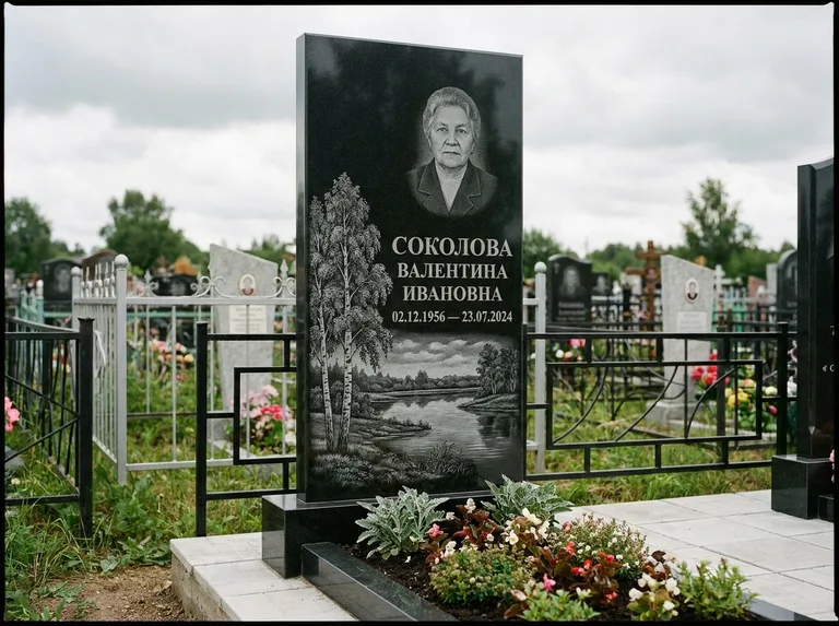 Памятник с гравировкой берёзы — гравировка берёзы у зеркального озера, работа «Соколова» во Владивостоке