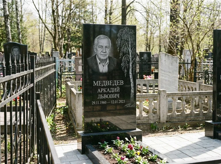 Памятник с гравировкой берёзы — гравировка плакучей берёзы с тонкими ветвями, работа «Медведев» во Владивостоке