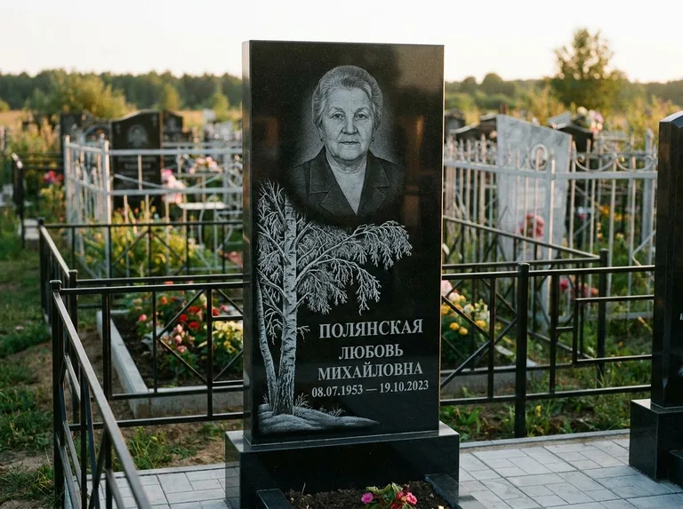 Памятник с гравировкой берёзы — гравировка зимней берёзы в инее, работа «Полянская» во Владивостоке