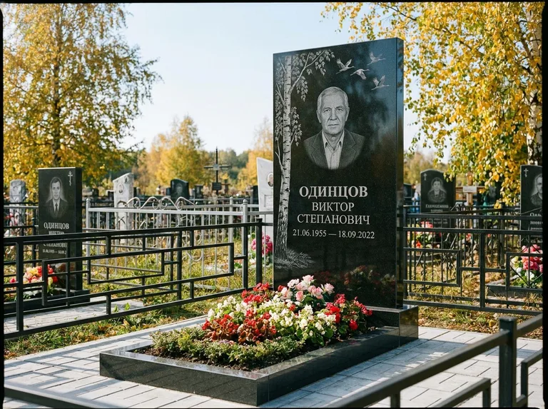 Памятник с гравировкой берёзы — гравировка берёзы с журавлиным клином в небе, работа «Одинцов» во Владивостоке