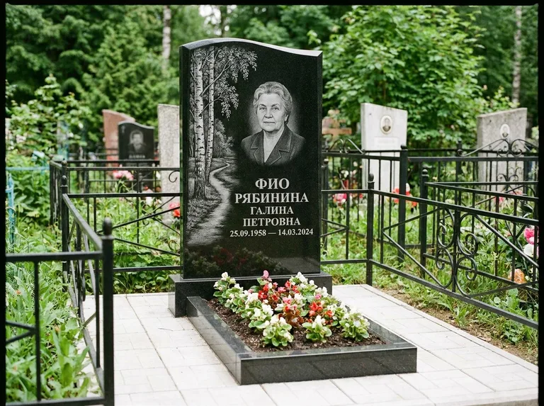 Памятник с гравировкой берёзы — гравировка берёзы у тропинки, уходящей вдаль, работа «Рябинина» во Владивостоке