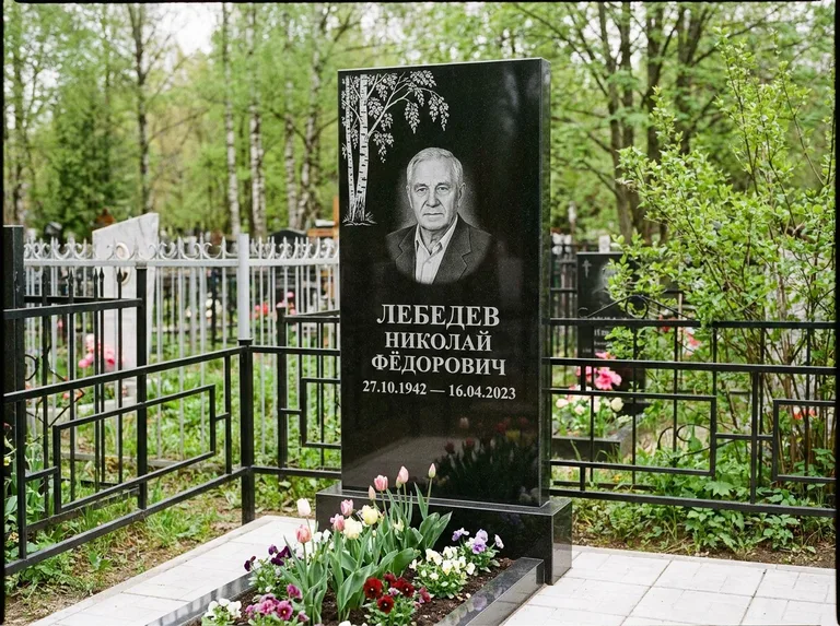 Памятник с гравировкой берёзы — гравировка одинокой берёзы над именем, работа «Лебедев» во Владивостоке