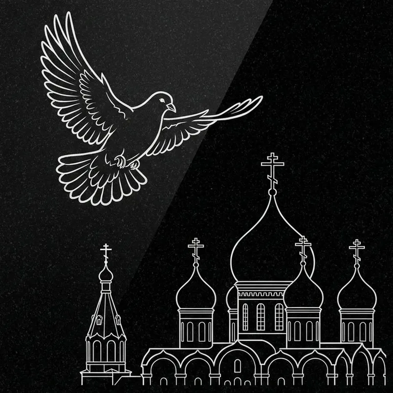 Эскиз гравировки голубей на памятник — голубь в небе над храмом во Владивостоке