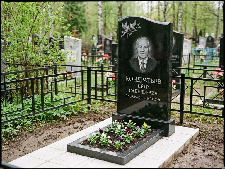 Памятник с гравировкой голубей — гравировка пары голубей на ветке в верхнем углу стелы, работа «Кондратьев» во Владивостоке