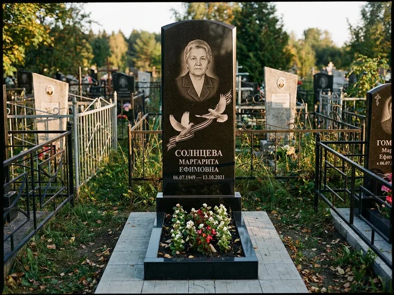 Памятник с гравировкой голубей — гравировка двух летящих голубей с лентой по диагонали стелы, работа «Солнцева» во Владивостоке