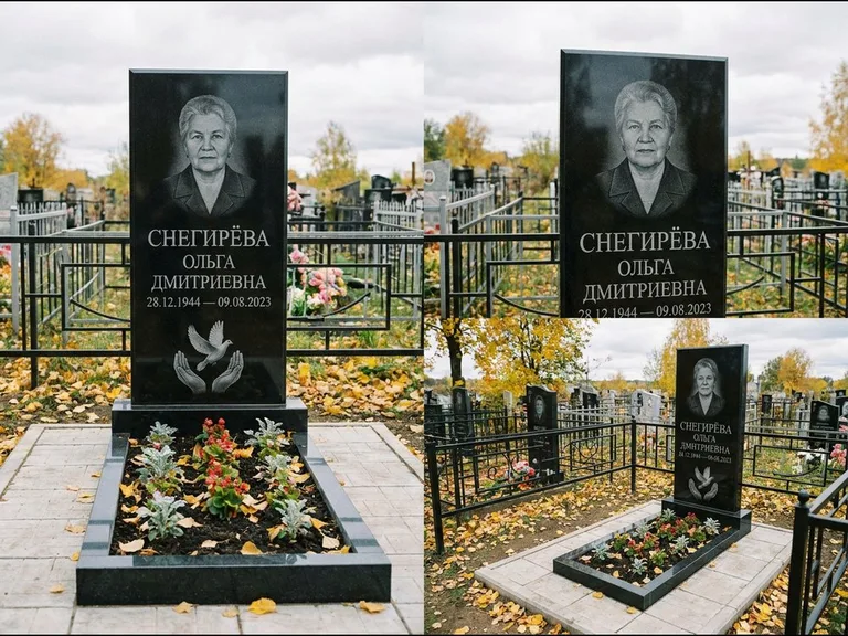 Памятник с гравировкой голубей — гравировка голубя над раскрытыми ладонями внизу стелы, работа «Снегирёва» во Владивостоке
