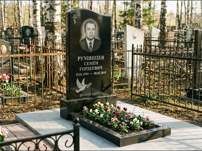 Памятник с гравировкой голубей — гравировка голубя с оливковой ветвью рядом с эпитафией, работа «Румянцев» во Владивостоке