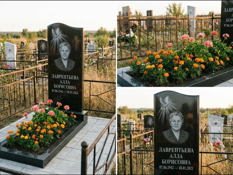Памятник с гравировкой голубей — гравировка голубя в лучах света над портретом, работа «Лаврентьева» во Владивостоке