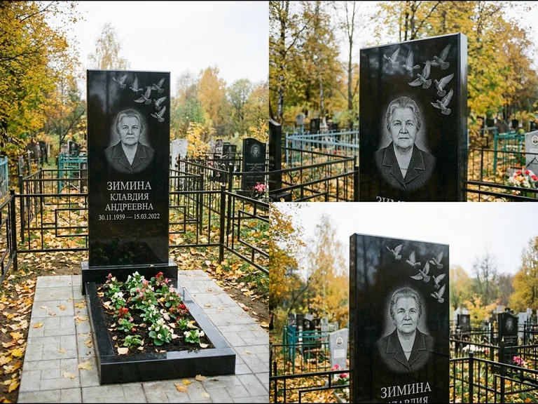 Памятник с гравировкой голубей — гравировка стаи голубей, взлетающей от угла стелы, работа «Зимина» во Владивостоке