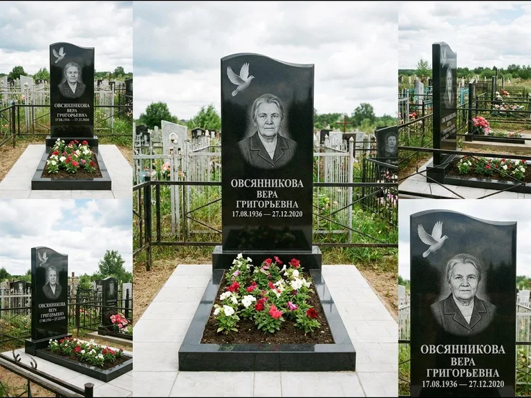 Памятник с гравировкой голубей — белая гравировка взлетающего голубя над портретом, работа «Овсянникова» во Владивостоке