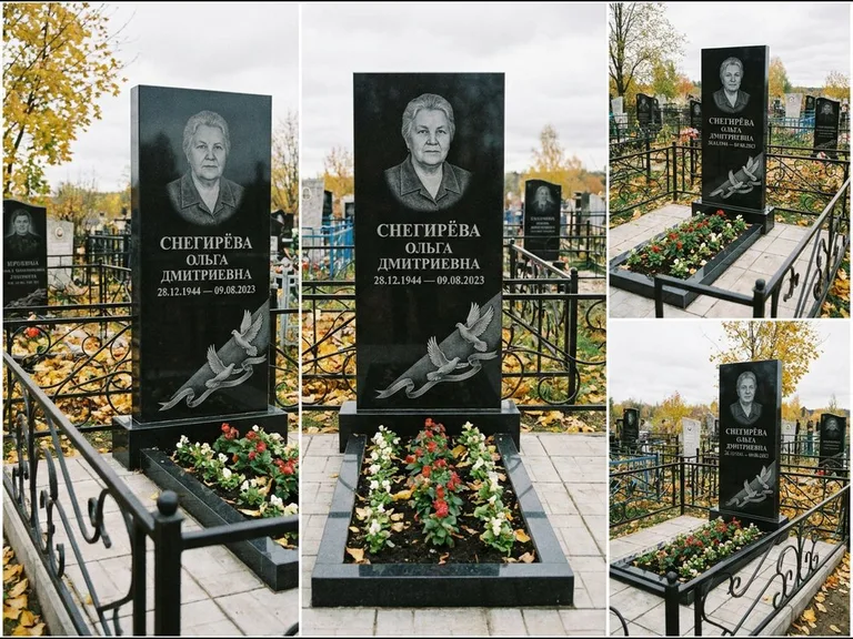 Памятник с гравировкой голубей — гравировка двух летящих голубей с лентой по диагонали стелы, работа «Снегирёва» во Владивостоке