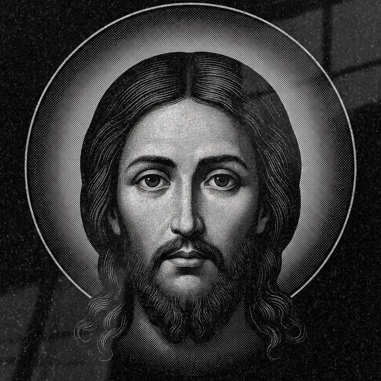 Эскиз иконы: Спас Нерукотворный (полутон) — детальный лик на убрусе, гравировка на памятник во Владивостоке