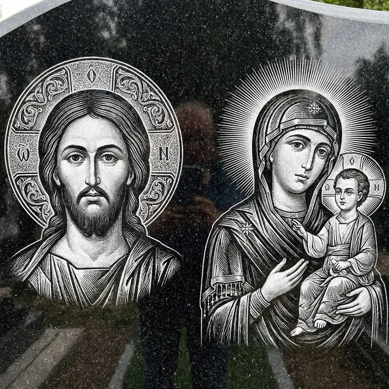 Эскиз иконы: Спаситель и Богородица — парные образы симметрично, гравировка на памятник во Владивостоке