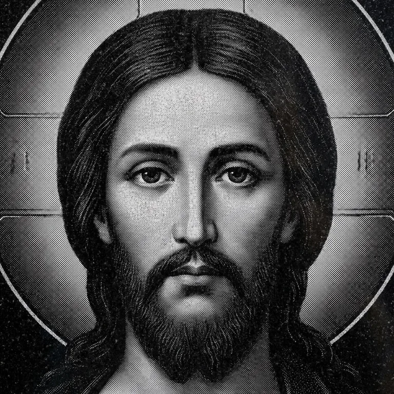 Эскиз иконы: Спас Вседержитель (полутон) — объёмный лик, светотень, гравировка на памятник во Владивостоке