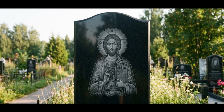 Иконы для гравировки на памятник во Владивостоке — образ на стеле из чёрного гранита с ручной доводкой лика