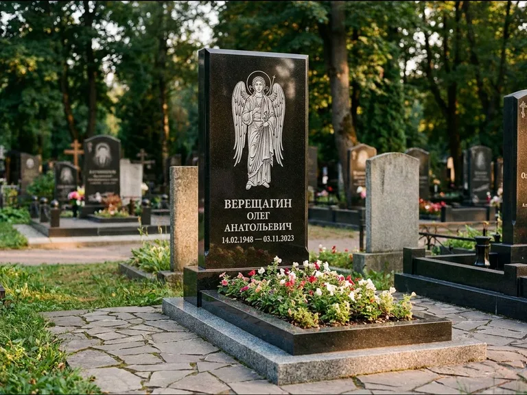 Памятник с гравировкой иконы — образ в полный рост на обороте стелы, работа «Воронцова» во Владивостоке