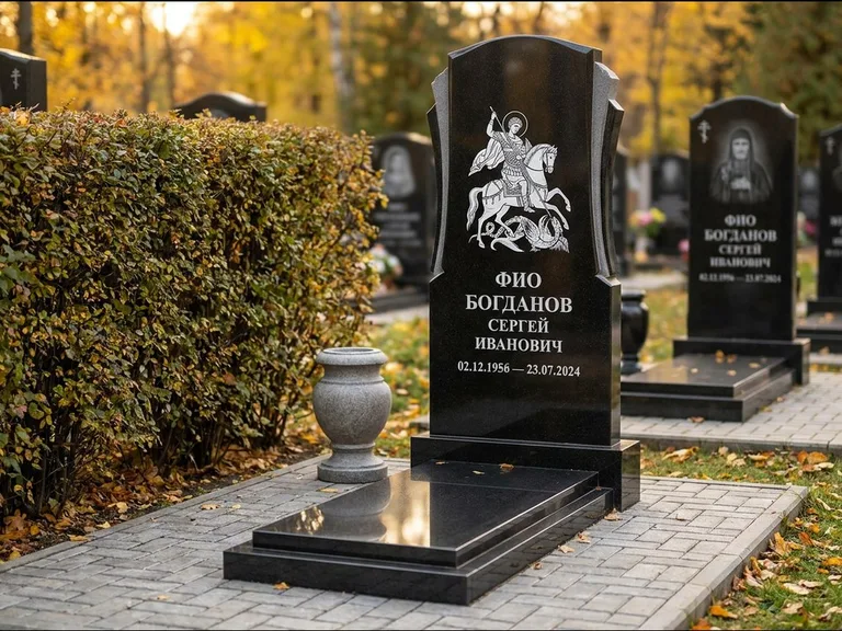 Памятник с гравировкой иконы — икона Спаса Вседержителя над именем усопшего, работа «Лебедева» во Владивостоке