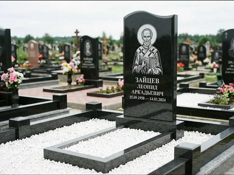 Памятник с гравировкой иконы: стела с крестообразным навершием — икона в резной рамке-киоте, газон без ограды, стриженая трава, работа «Раевская» во Владивостоке