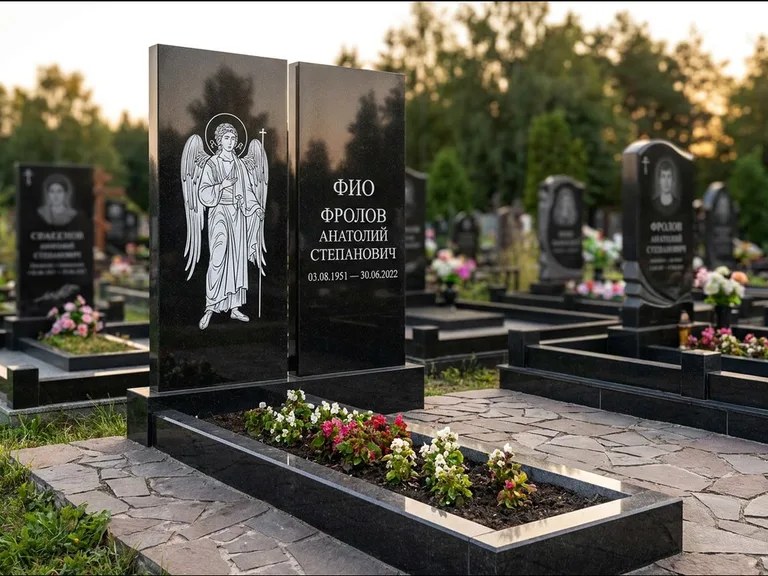 Памятник с гравировкой иконы: стела с резной рамкой вокруг иконы — Архангел Михаил на стеле, белая мраморная крошка с бордюром, работа «Богданова» во Владивостоке