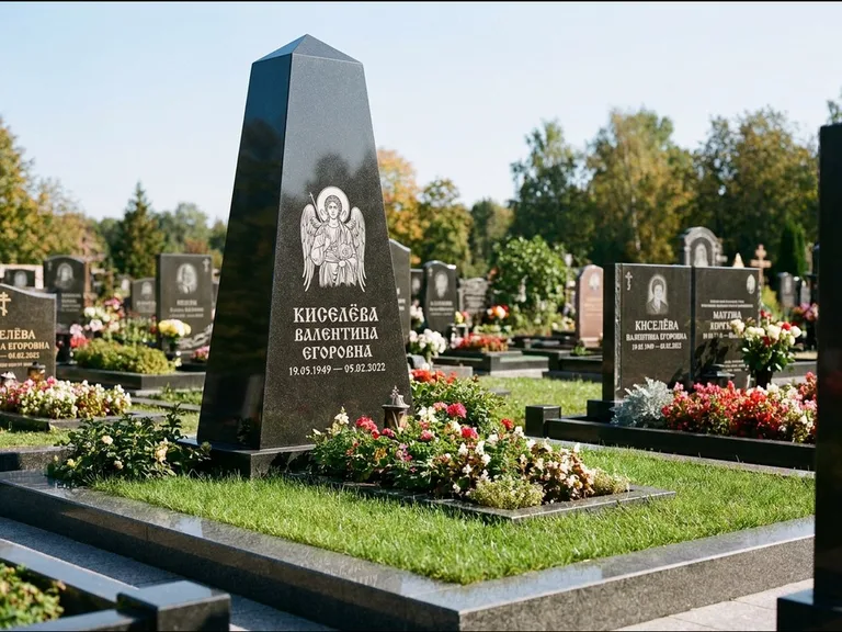 Памятник с гравировкой иконы: асимметричная скошенная стела — гравировка образа Спасителя, живая изгородь из кустарника, работа «Третьяков» во Владивостоке