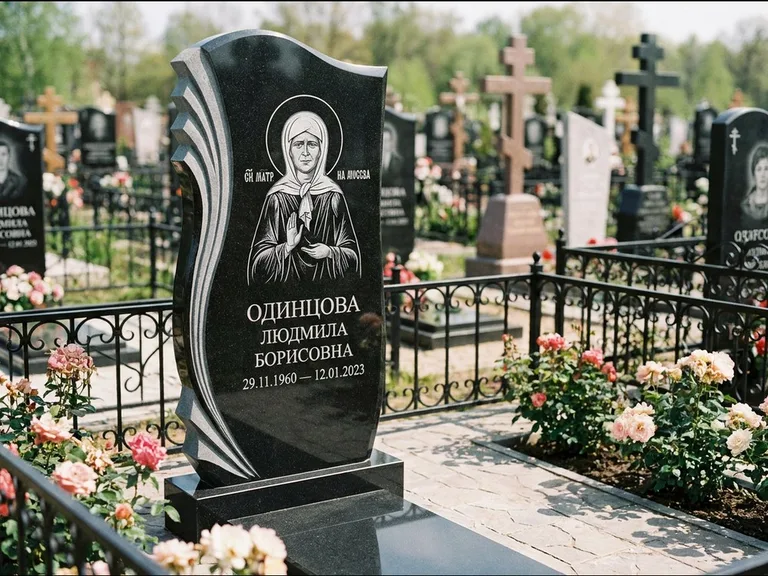 Памятник с гравировкой иконы: ступенчатая двухуровневая стела — Архангел Михаил на стеле, каменная дорожка из плитняка, работа «Одинцов» во Владивостоке