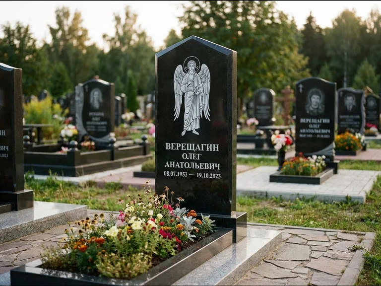 Памятник с гравировкой иконы: стела с резным навершием и нимбом в золоте — гравировка образа Спасителя, высокие разросшиеся туи полукругом, работа «Мельникова» во Владивостоке