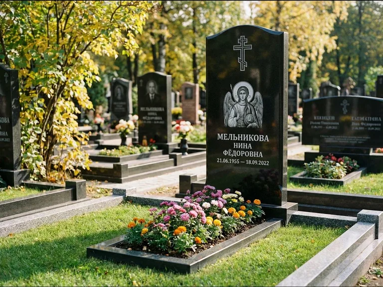 Памятник с гравировкой иконы: округлая стела-медальон с ликом — гравировка Богородицы «Семистрельная», луговые травы и полевые цветы за участком, работа «Гущин» во Владивостоке