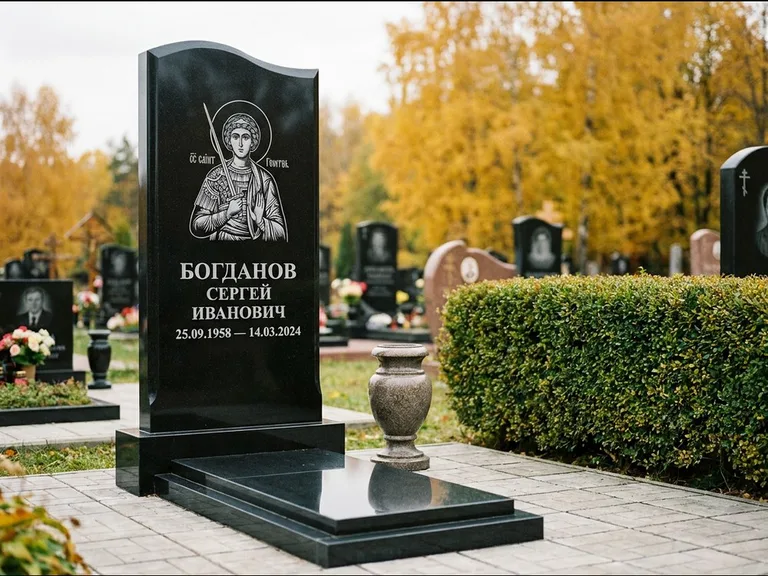 Памятник с гравировкой иконы: монументальный семейный мемориал из двух стел на общем цоколе — гравировка Николая Чудотворца, мощёная гранитная площадка без ограды, работа «Раевская» во Владивостоке